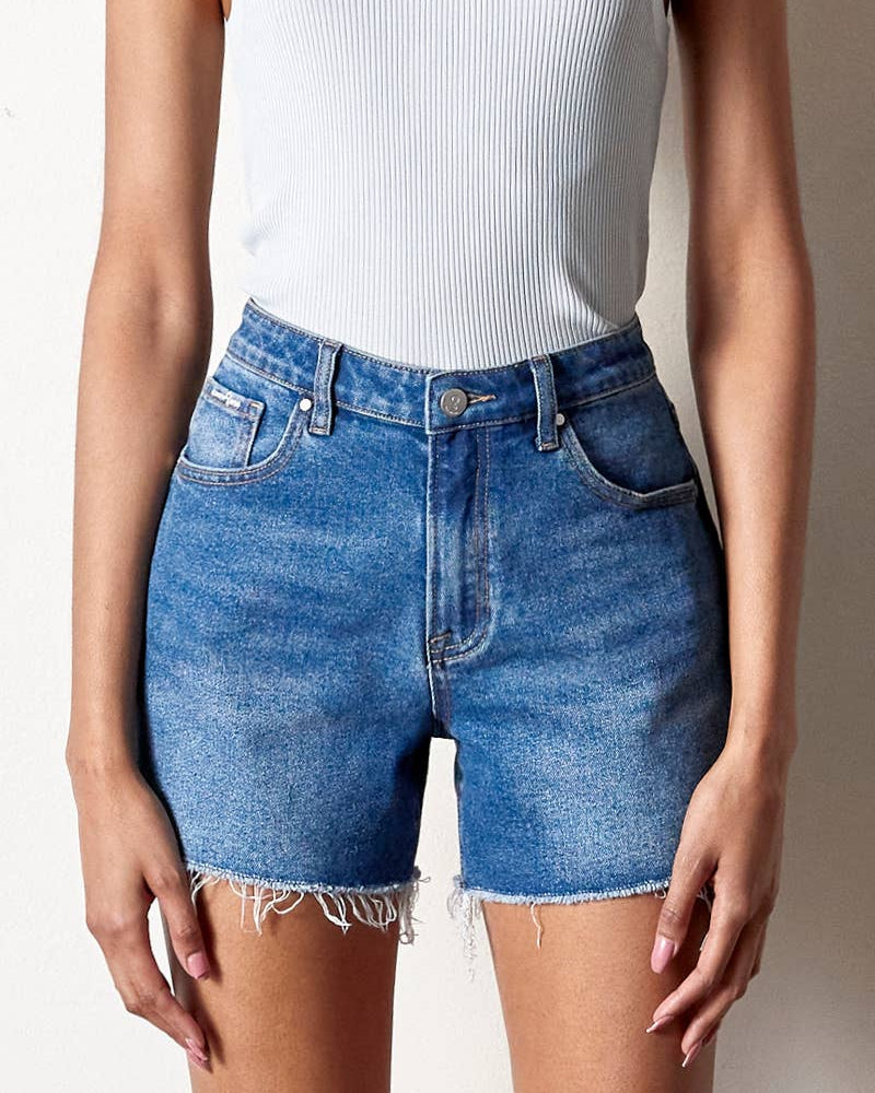 High Rise Midi Stretch Denim Shorts