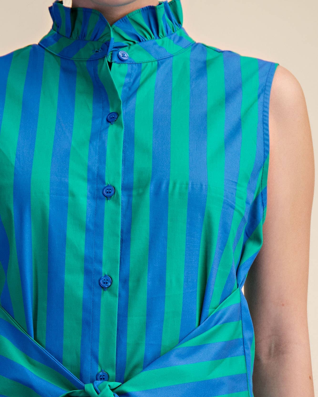 Ruffle Neck Sleeveless Waist Tie Detail Stripe Mini Dress
