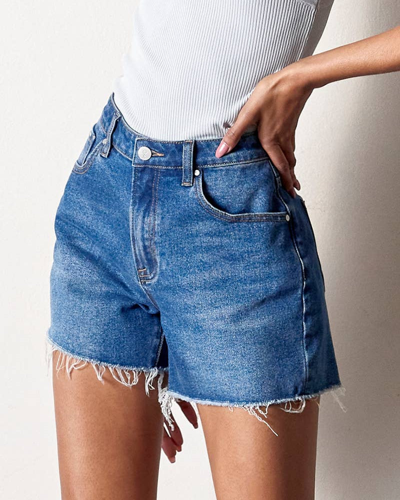 High Rise Midi Stretch Denim Shorts
