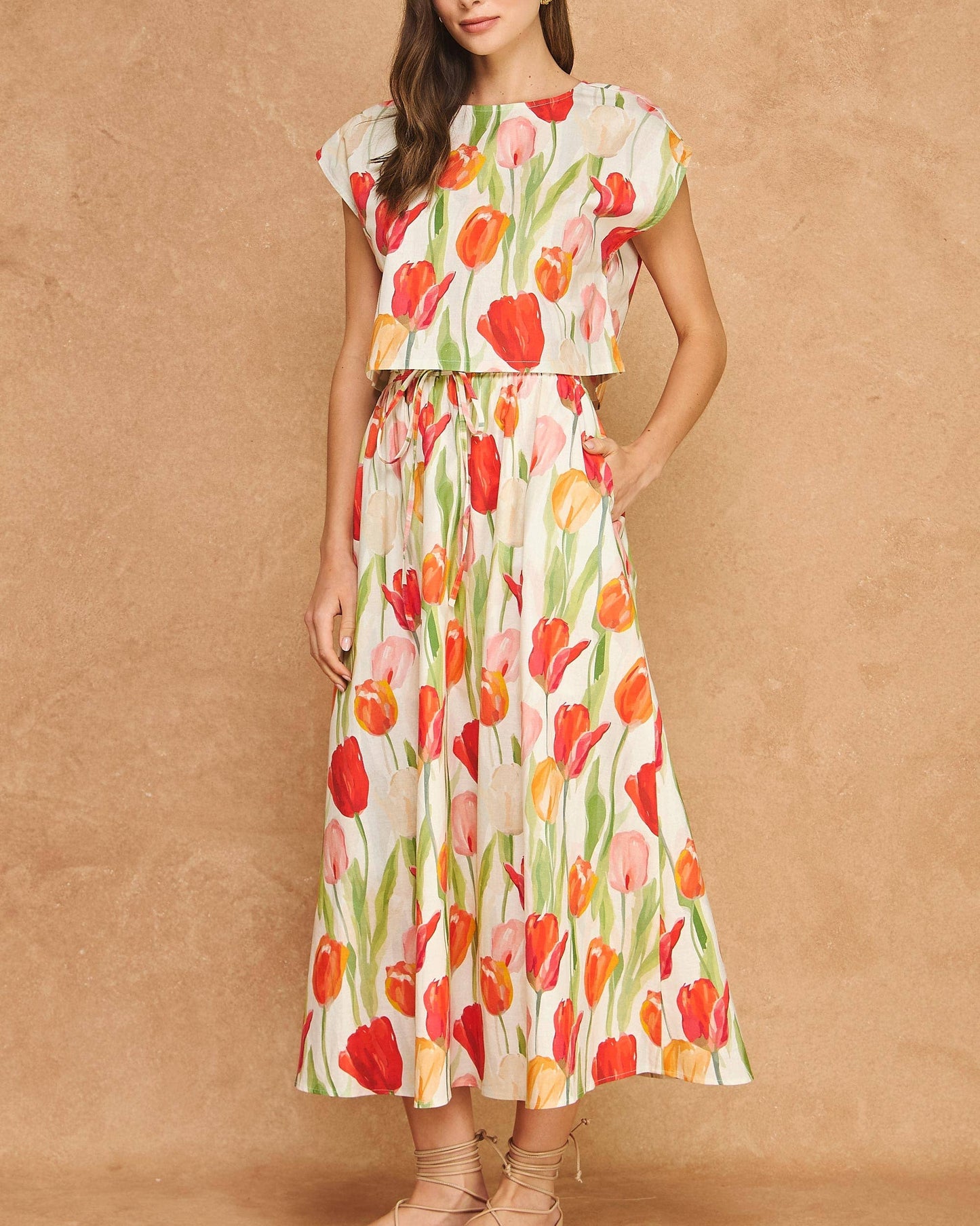 Floral Tulip Print Linen 2-piece Crop Top Midi Skirt Set
