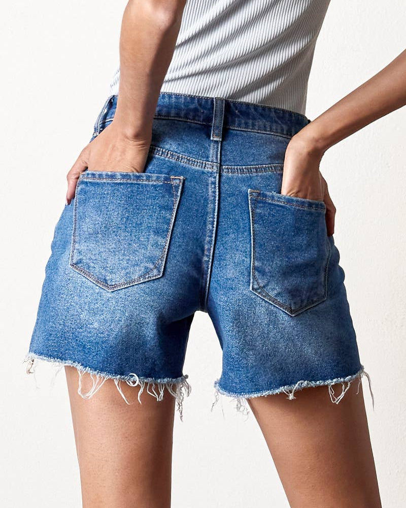 High Rise Midi Stretch Denim Shorts