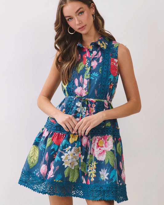 Floral Botanical Print Crochet Trim Mini Dress
