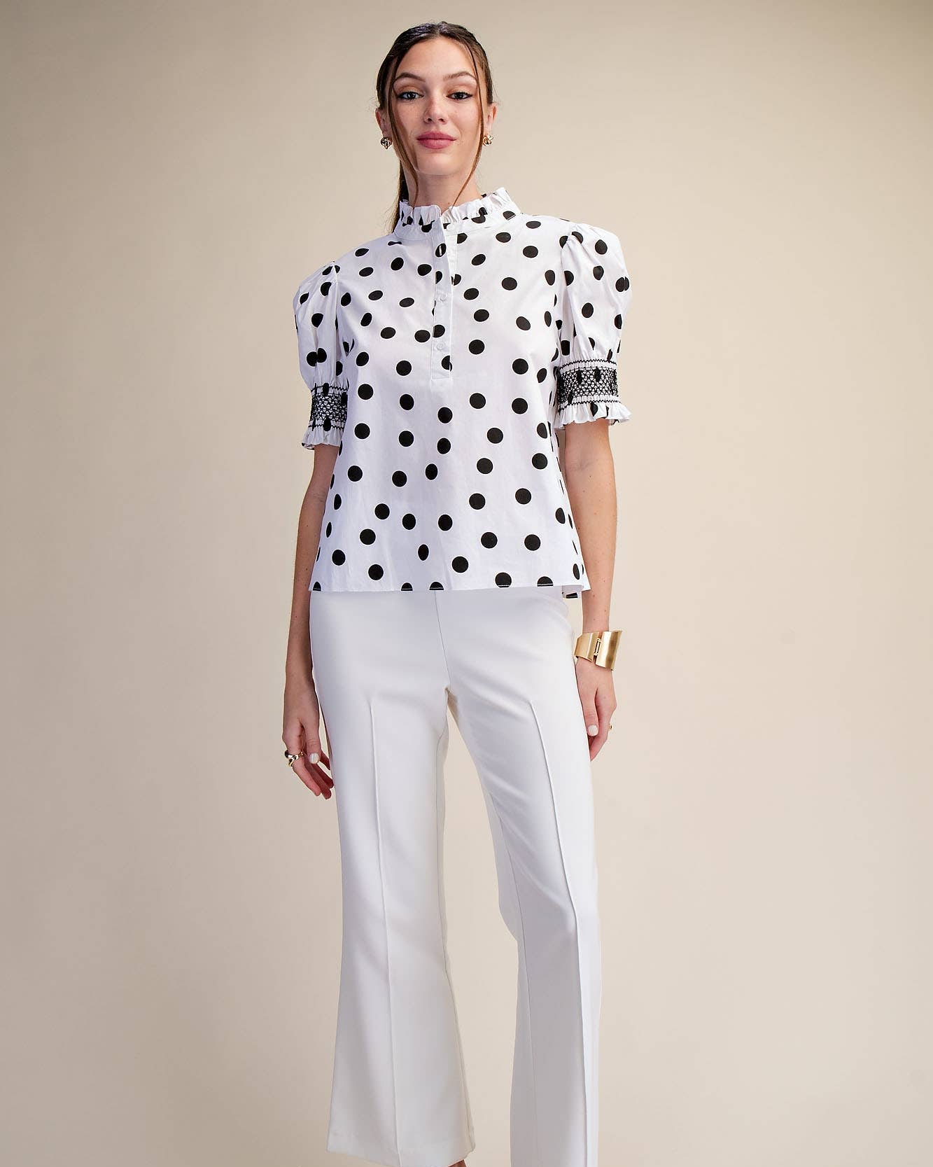 Ruffle neck Polka Dot Puff Sleeve Blouse