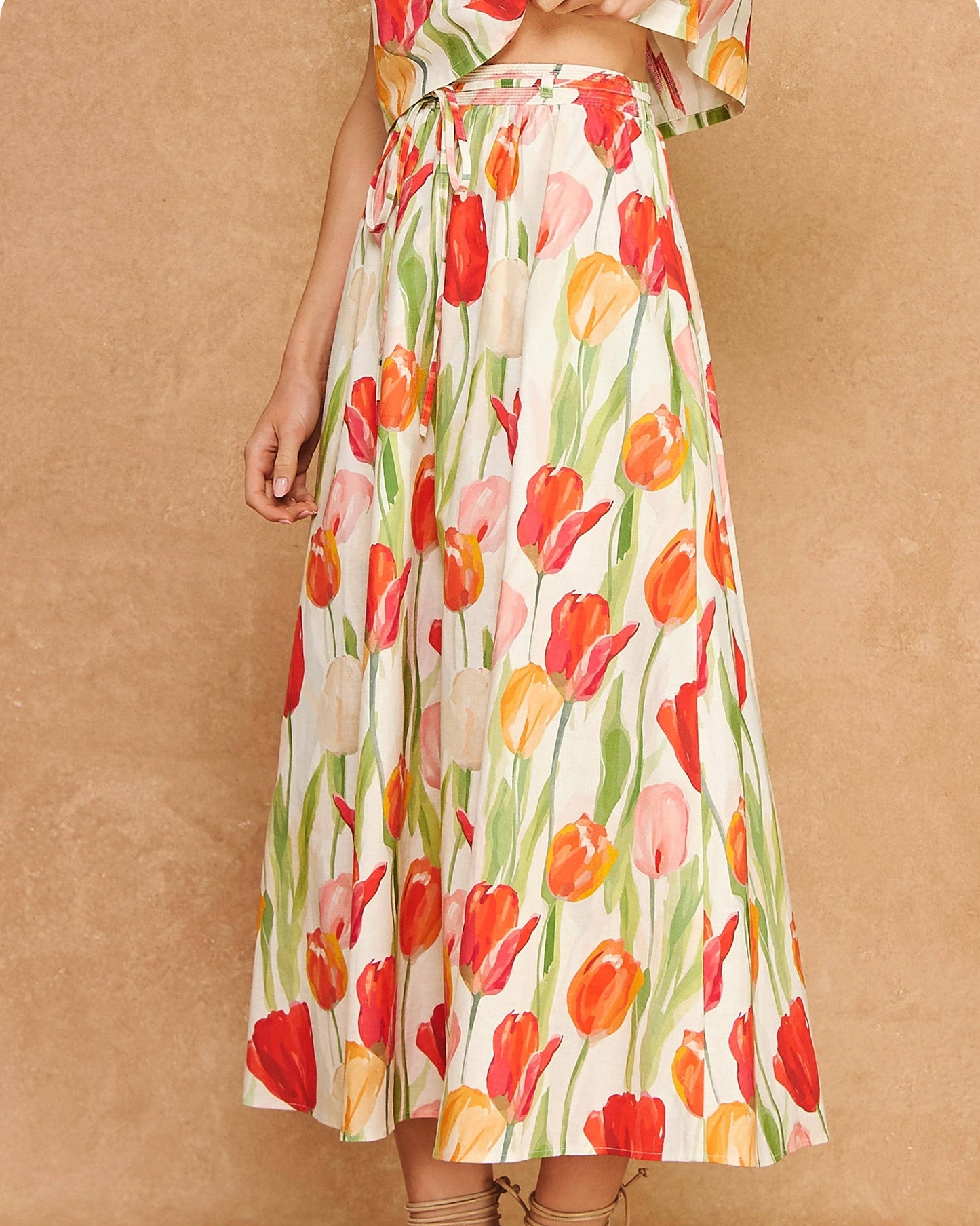 Floral Tulip Print Linen 2-piece Crop Top Midi Skirt Set