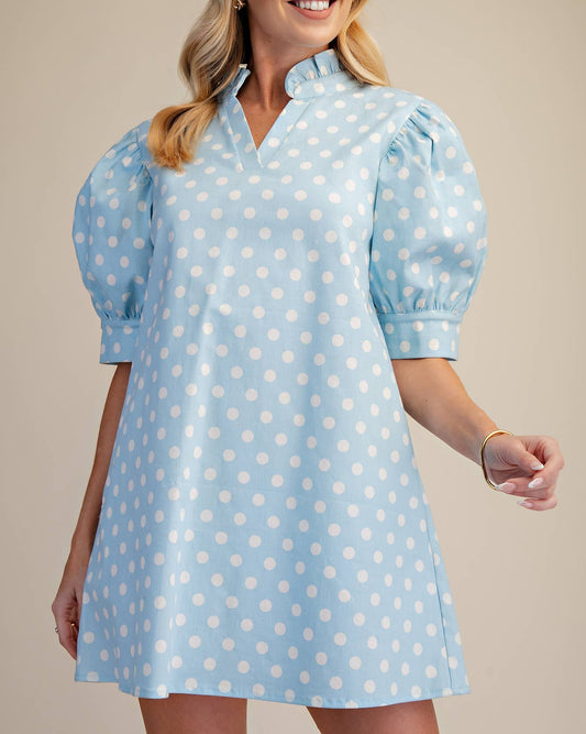 Ruffle V-Neck Puff Sleeve Polka Dot Mini Dress