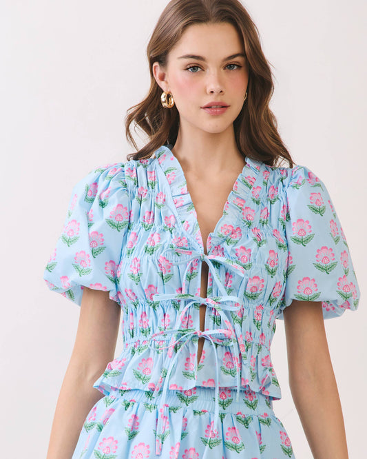 CT9889-Floral Print Ruffle Trim Puff Sleeve Tie Front Top