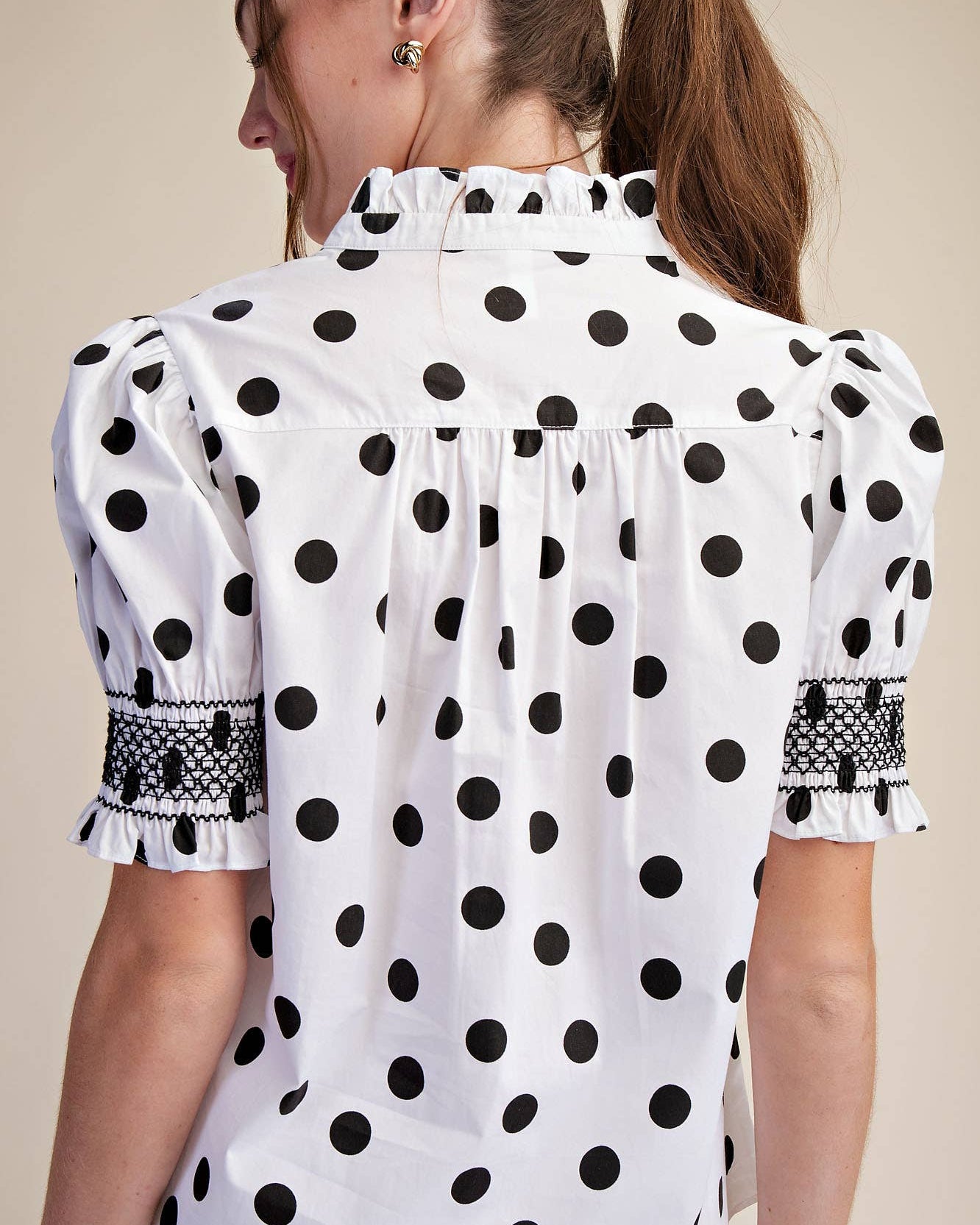 Ruffle neck Polka Dot Puff Sleeve Blouse