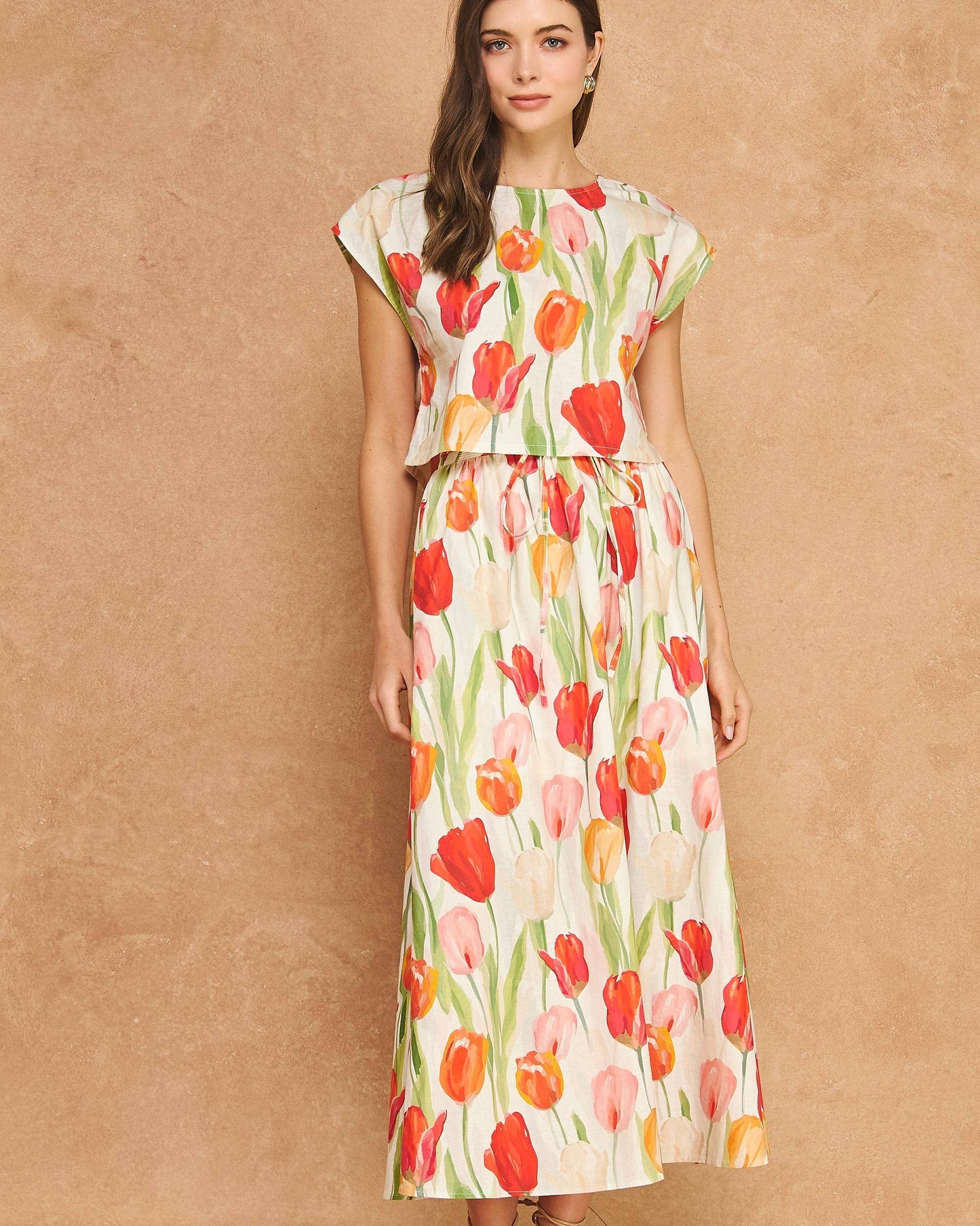 Floral Tulip Print Linen 2-piece Crop Top Midi Skirt Set