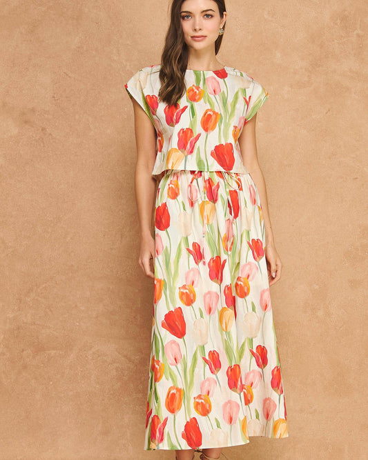 Floral Tulip Print Linen 2-piece Crop Top Midi Skirt Set