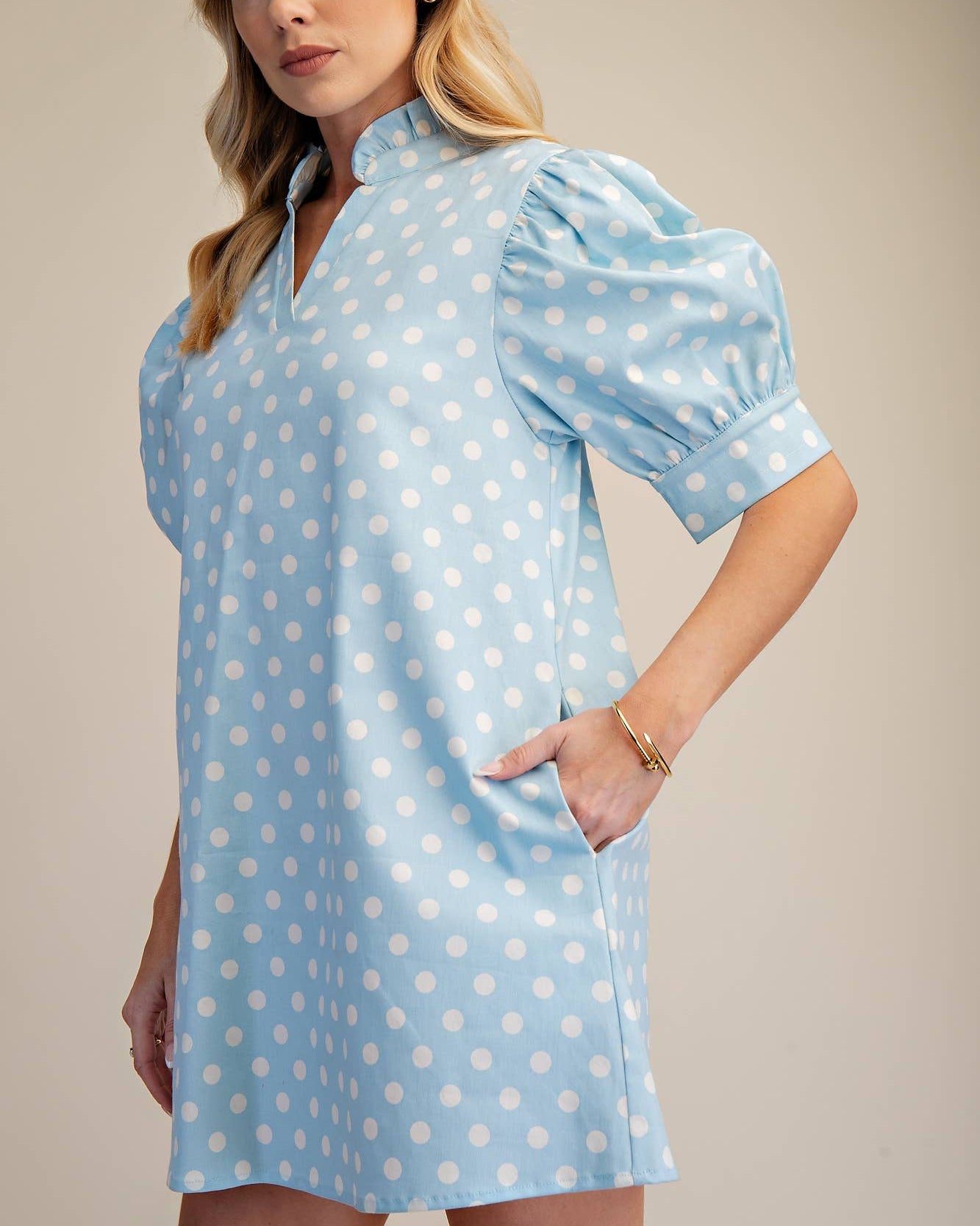 Ruffle V-Neck Puff Sleeve Polka Dot Mini Dress