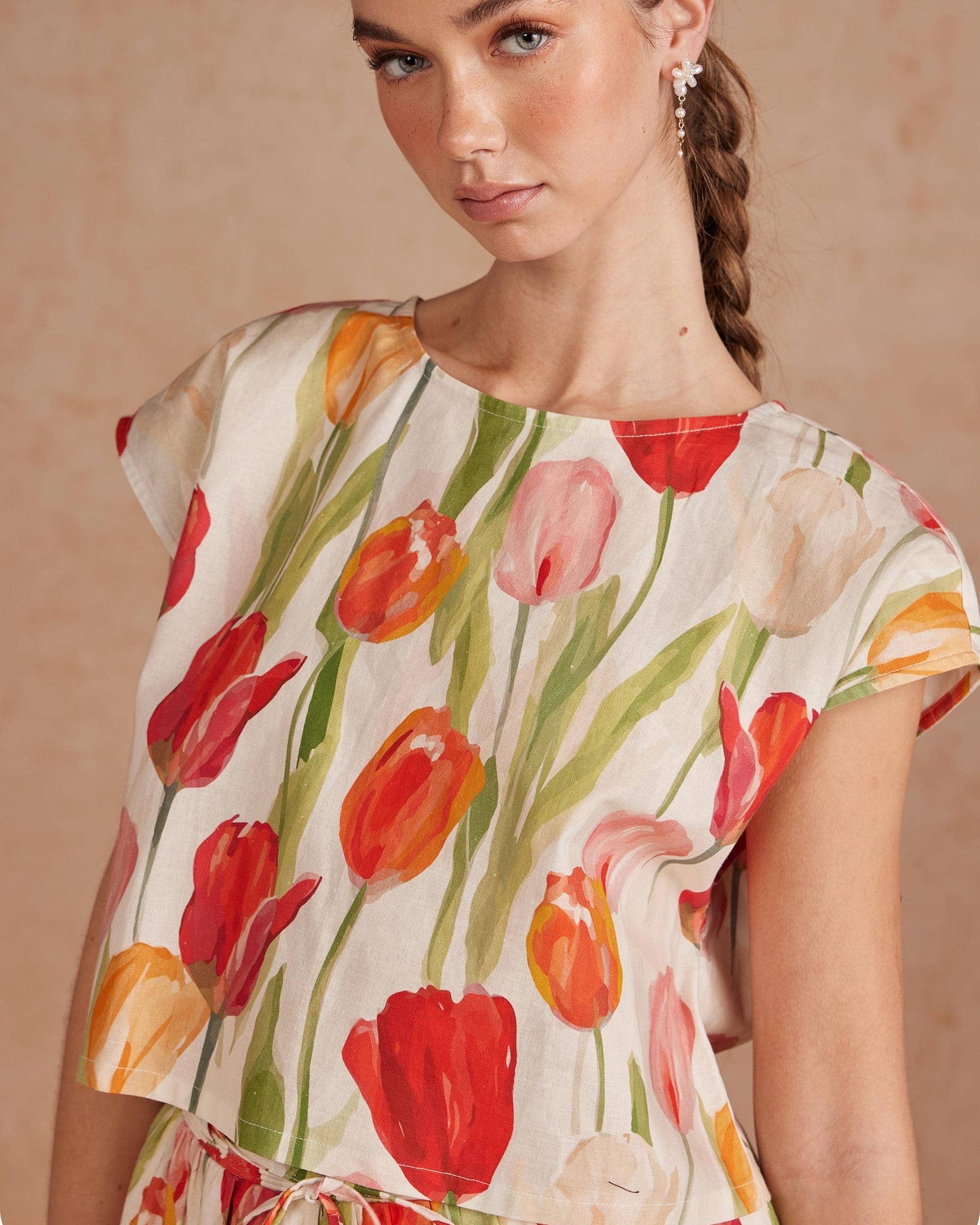Floral Tulip Print Linen 2-piece Crop Top Midi Skirt Set