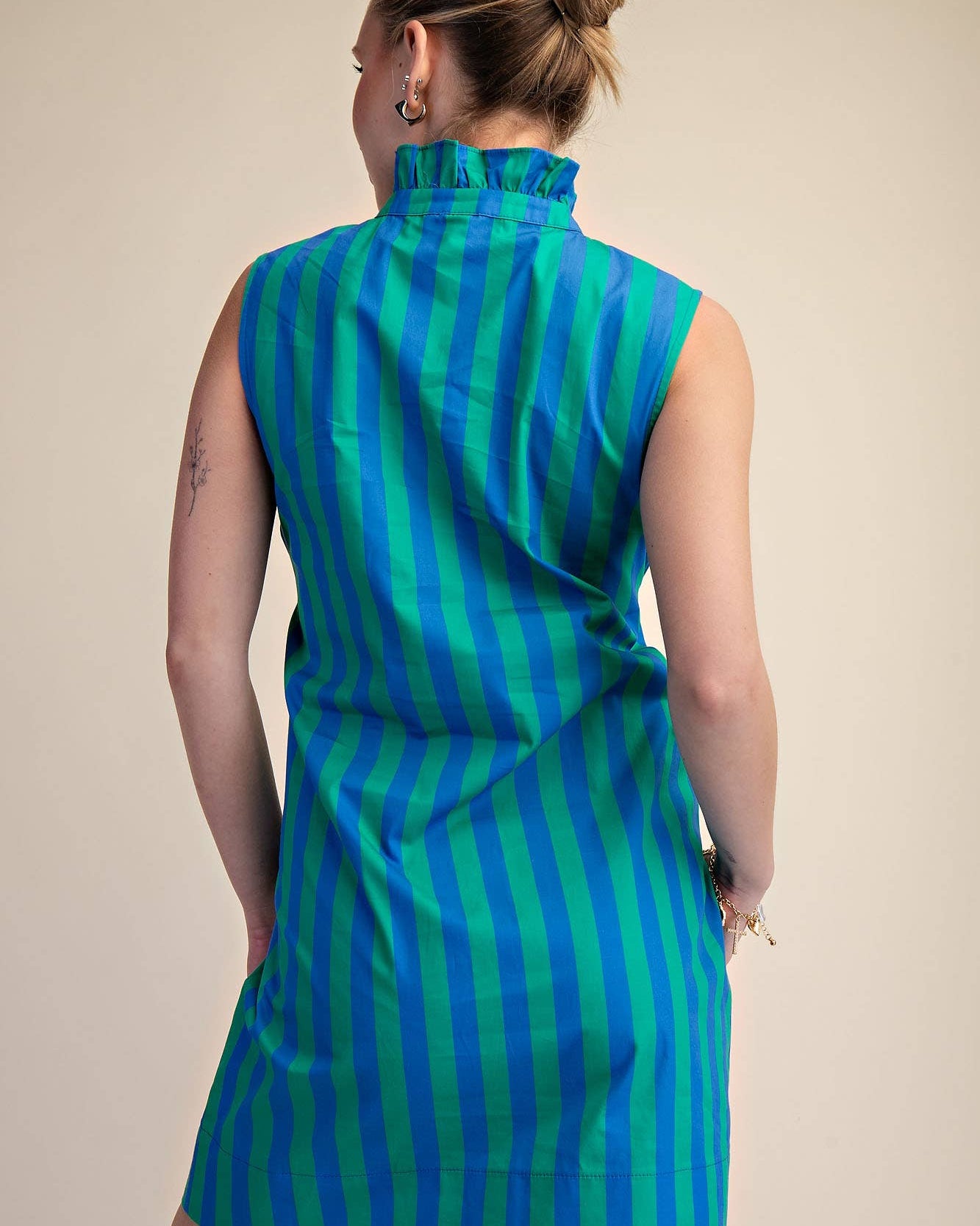 Ruffle Neck Sleeveless Waist Tie Detail Stripe Mini Dress