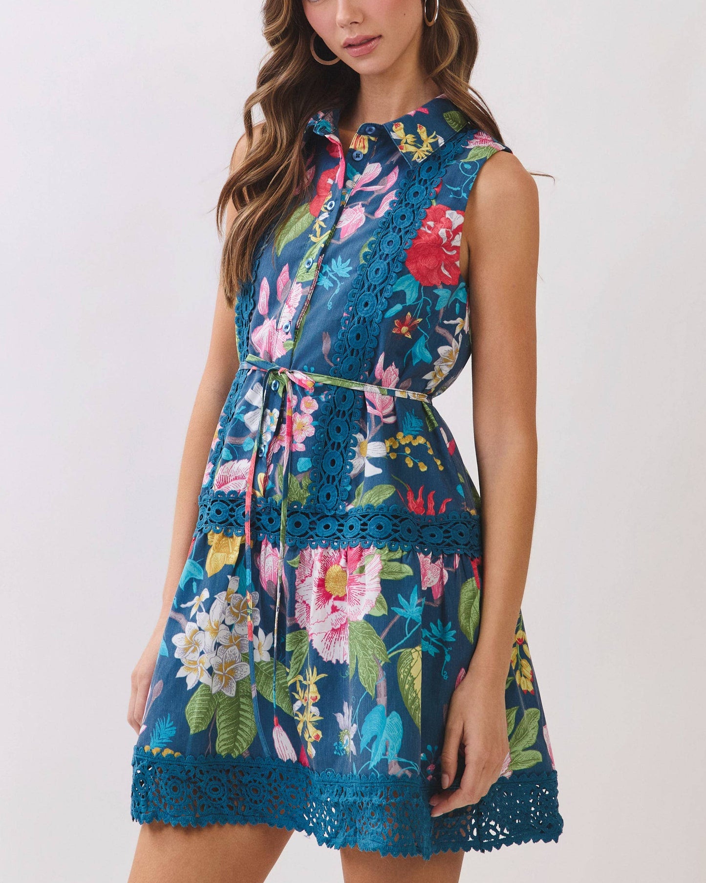 Floral Botanical Print Crochet Trim Mini Dress