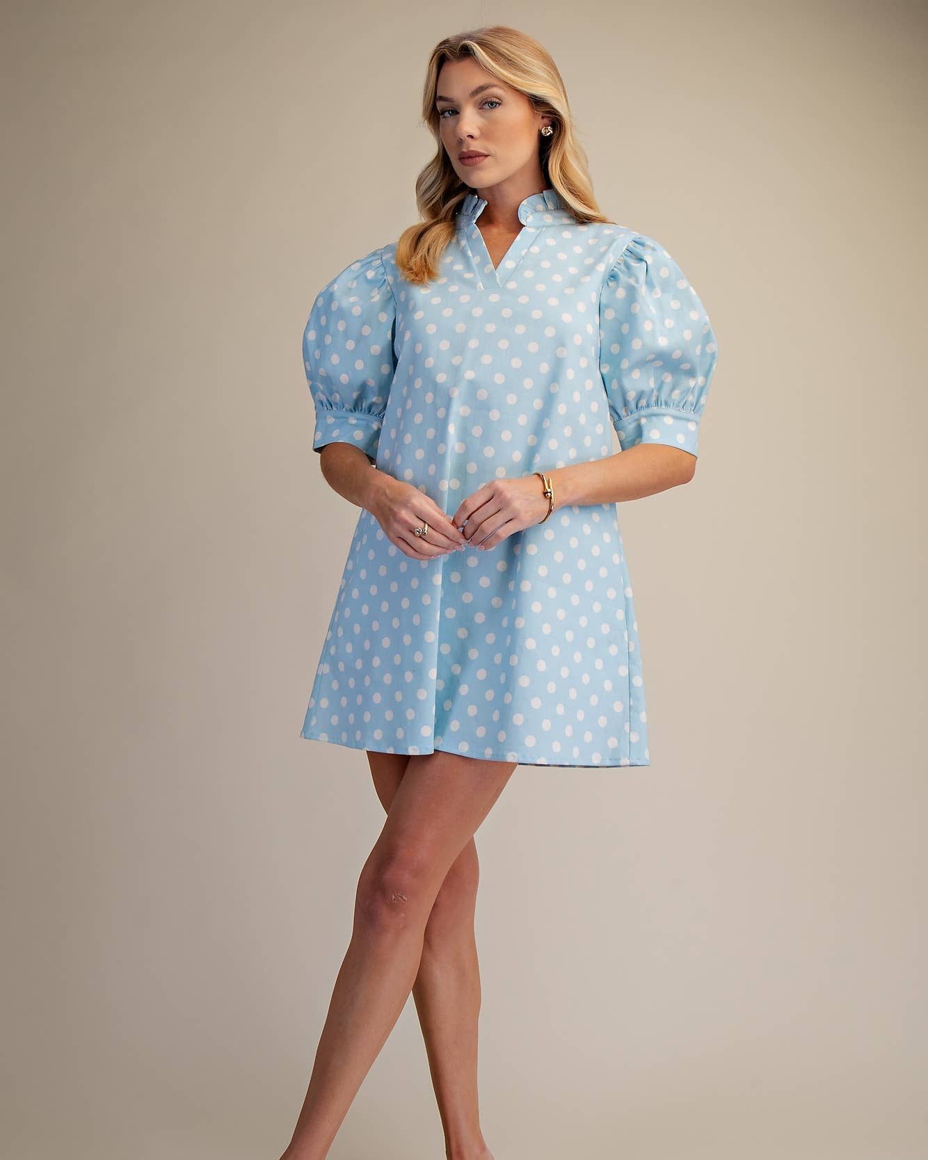 Ruffle V-Neck Puff Sleeve Polka Dot Mini Dress