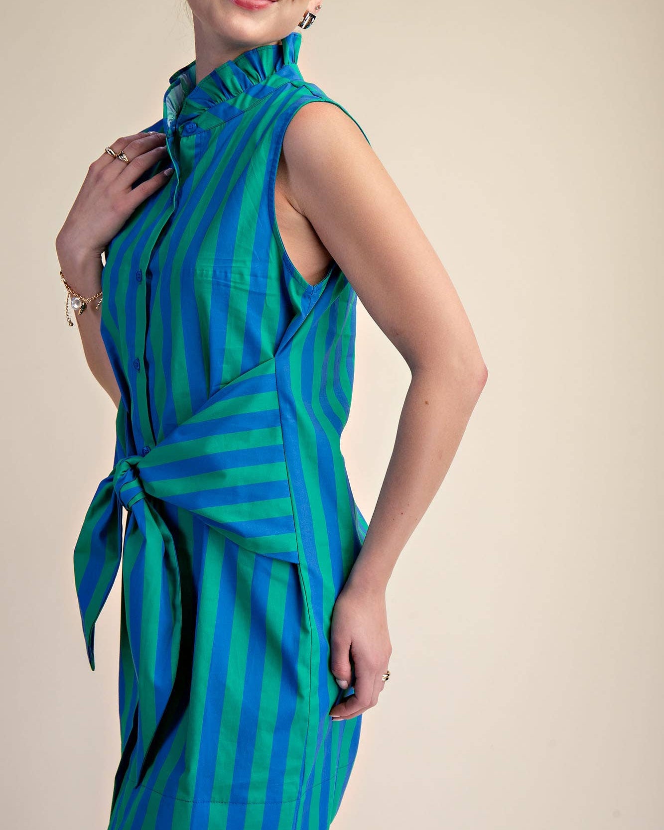 Ruffle Neck Sleeveless Waist Tie Detail Stripe Mini Dress
