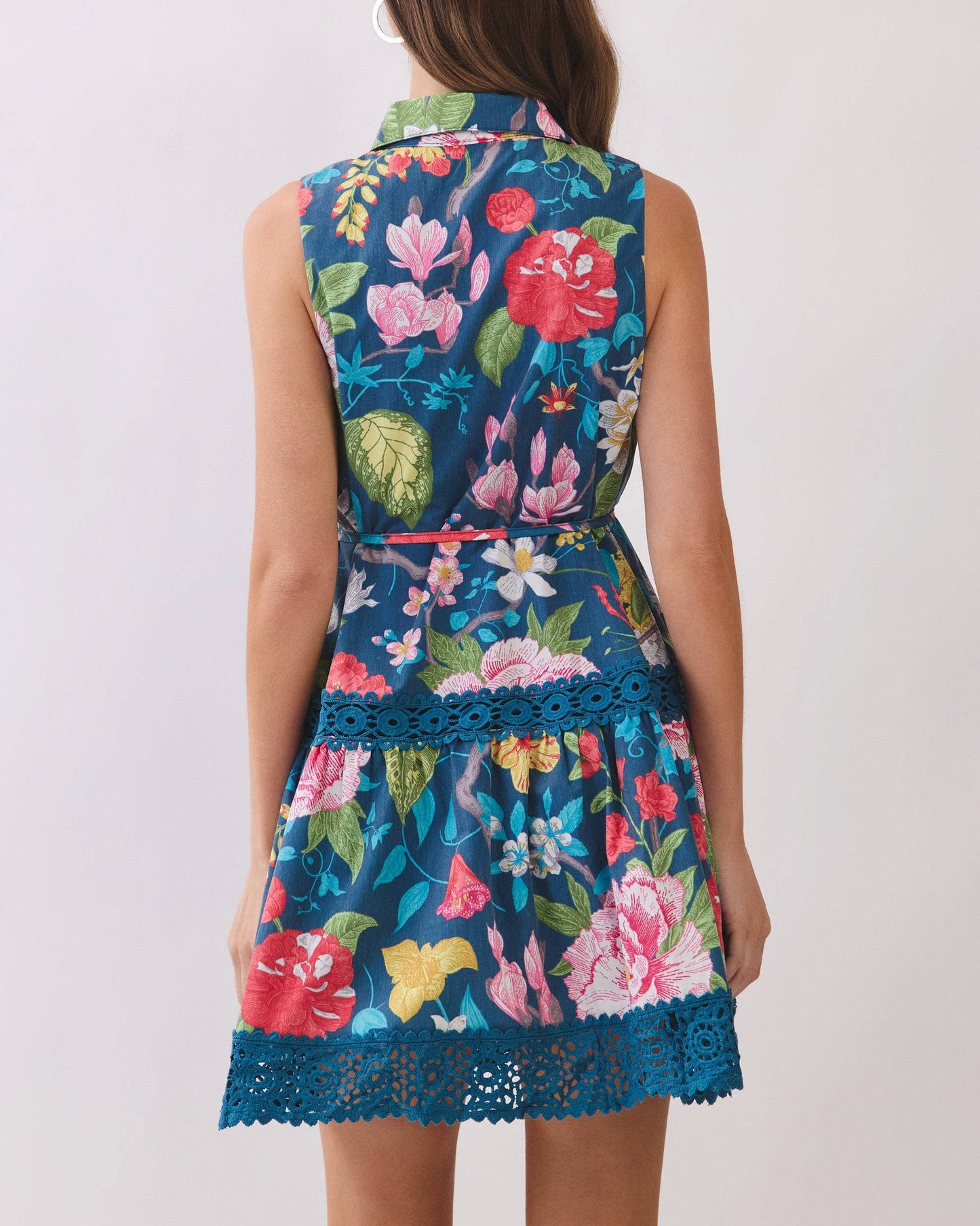 Floral Botanical Print Crochet Trim Mini Dress