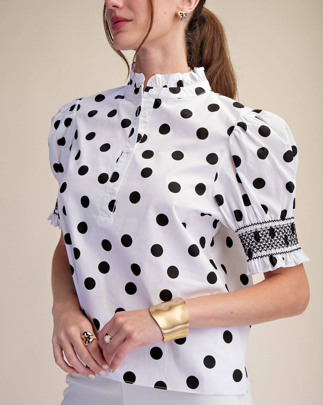 Ruffle neck Polka Dot Puff Sleeve Blouse