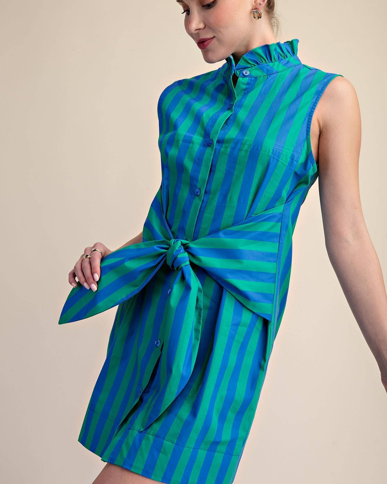Ruffle Neck Sleeveless Waist Tie Detail Stripe Mini Dress