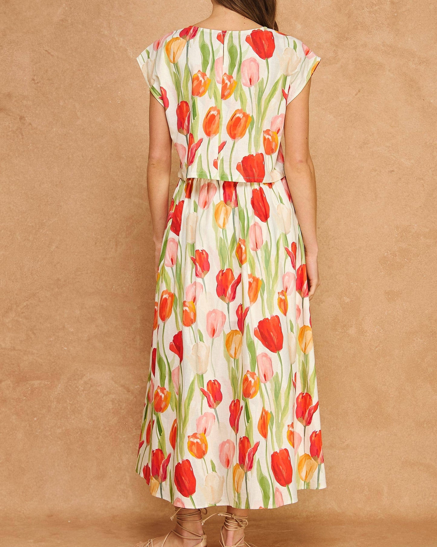 Floral Tulip Print Linen 2-piece Crop Top Midi Skirt Set